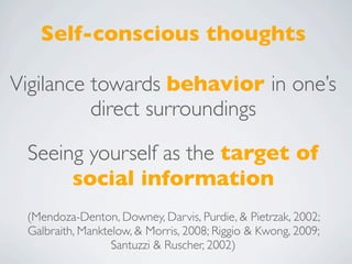 Self-conscious thoughts

Vigilance towards behavior in one’s
          direct surroundings

 Seeing yourself as the target of
      social information
 (Mendoza-Denton, Downey, Darvis, Purdie, & Pietrzak, 2002;
 Galbraith, Manktelow, & Morris, 2008; Riggio & Kwong, 2009;
                  Santuzzi & Ruscher, 2002)
 