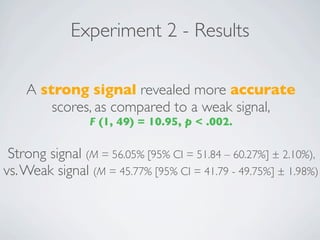 Experiment 2 - Results

    A strong signal revealed more accurate
        scores, as compared to a weak signal,
                F (1, 49) = 10.95, p < .002.

 Strong signal (M = 56.05% [95% CI = 51.84 – 60.27%] ± 2.10%),
vs. Weak signal (M = 45.77% [95% CI = 41.79 - 49.75%] ± 1.98%)
 