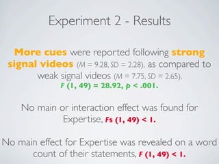 Experiment 2 - Results

  More cues were reported following strong
 signal videos (M = 9.28, SD = 2.28), as compared to
       weak signal videos (M = 7.75, SD = 2.65),
              F (1, 49) = 28.92, p < .001.

    No main or interaction effect was found for
             Expertise, Fs (1, 49) < 1.

No main effect for Expertise was revealed on a word
      count of their statements, F (1, 49) < 1.
 