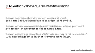 QUIZ: Wat kan video voor je business betekenen?
Hoeveel langer blijven bezoekers op een website met video?
gemiddeld 2 minuten langer dan op een pagina zonder video.
Hoeveel toename van conversie bij e-mail marketing met video vs. geen video?
51% toename in subscriber-to-lead conversie cijfers
Hoeveel meer geneigd tot aankoop of informatie aanvraag na het zien van video?
73 % meer geneigd om te kopen of informatie aan te vragen.
 