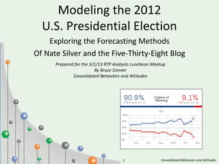 Modeling the 2012
  U.S. Presidential Election
    Exploring the Forecasting Methods
Of Nate Silver and the Five-Thirty-Eight Blog
      Prepared for the 3/1/13 RTP Analysts Luncheon Meetup
                         By Bruce Conner
              Consolidated Behaviors and Attitudes




                                     1                 Consolidated Behaviors and Attitudes
 