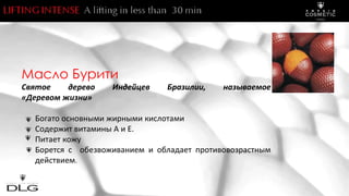 Масло Бурити
Святое дерево Индейцев Бразилии, называемое
«Деревом жизни»
Богато основными жирными кислотами
Coдержит витамины A и E.
Питает кожу
Борется с обезвоживанием и обладает противовозрастным
действием.
 