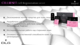 Эксклюзивное ночное средство для кожи лица
Разработано как дополнение к
противовозрастному действию средства
Интенсивный Лифтинг
Исследовательская работа над старением кожи
Основано на естественной способности кожи к
регенерации
 