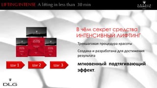 В чём секрет средства
ИНТЕНСИВНЫЙ ЛИФТИНГ
Трехшаговая процедура красоты
Создана и разработана для достижения
результата
мгновенный подтягивающий
эффект.
Шаг 1 Шаг 3Шаг 2
 