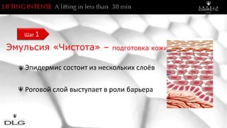 Эмульсия «Чистота» – подготовка кожи
Шаг 1
Эпидермис состоит из нескольких слоёв
Роговой слой выступает в роли барьера
 