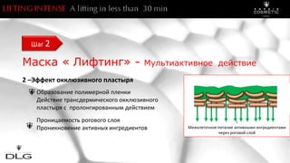 Маска « Лифтинг» - Mультиактивное действие
2 –Эффект окклюзивного пластыря
Образование полимерной пленки
Действие трансдермического окклюзивного
пластыря с пролонгированным действием
Проницаемость рогового слоя
Проникновение активных ингредиентов
Шаг 2
I
Межклеточное питание активными ингредиентами
через роговой слой
 