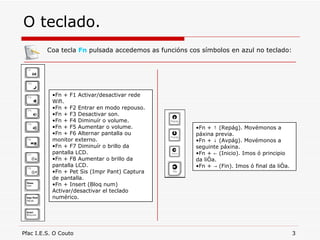 O teclado. Fn + F1 Activar/desactivar rede Wifi. Fn + F2 Entrar en modo repouso. Fn + F3 Desactivar son. Fn + F4 Diminuír o volume. Fn + F5 Aumentar o volume. Fn + F6 Alternar pantalla ou monitor externo.  Fn + F7 Diminuír o brillo da pantalla LCD. Fn + F8 Aumentar o brillo da pantalla LCD. Fn + Pet Sis (Impr Pant) Captura de pantalla.  Fn + Insert (Bloq num) Activar/desactivar el teclado numérico. Coa tecla  Fn  pulsada accedemos as funcións cos símbolos en azul no teclado: Fn + ↑ (Repág). Movémonos a páxina previa. Fn + ↓ (Avpág). Movémonos a seguinte páxina. Fn + ← (Inicio). Imos ó principio da liña. Fn + -> (Fin). Imos ó final da liña. 