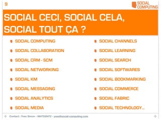 9


SOCIAL CECI, SOCIAL CELA,
SOCIAL TOUT ÇA ?
        SOCIAL COMPUTING                                            SOCIAL CHANNELS

        SOCIAL COLLABORATION                                        SOCIAL LEARNING

        SOCIAL CRM - SCM                                            SOCIAL SEARCH

        SOCIAL NETWORKING                                           SOCIAL SOFTWARES

        SOCIAL KM                                                   SOCIAL BOOKMARKING

        SOCIAL MESSAGING                                            SOCIAL COMMERCE

        SOCIAL ANALYTICS                                            SOCIAL FABRIC

        SOCIAL MEDIA                                                SOCIAL TECHNOLOGY...
    Contact : Yves Simon - 0647535472 - yves@social-computing.com
 
