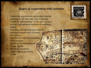 Stages of cooperation with customer

• Conducting negotiations and contract signing
• Agreeing on the Job order and comprising
  "Letter of understanding" of the open vacancy,
   territory and optimum methods of candidates
   search
• Searching and selecting specialists by
  consultants (usual term of search –
  3-8 weeks).
• Interviews of selected candidates
   with customer.
• Checking recommendations
   for the finalist.
• Providing consulting
   support during guarantee
   period.
 