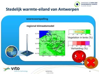 Stedelijk warmte-eiland van Antwerpen 
weersvoorspelling 
regional klimaatsmodel 
30/09/2014 46 
© 2014, VITO NV 
Vegetation in lente (%) 
Verharding (%) 
SW 
HE 
 