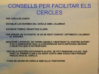 CONSELLS PER FACILITAR ELS
         CERCLES
FER CERCLES CURTS

ESTABLIR LES NORMES DEL CERCLE AMB L’ALUMNAT.

ESTABLIR TEMES I OBJECTIUS CLARS.

FER SERVIR UN TO POSITIU. SI UN SE SENT CONFIAT I OPTIMISTA L’ALUMNAT
   EL SEGUIRÀ.

MANTENIR L’ATENCIÓ. DE FORMA AMABLE I MOSTRANT EL NOSTRE SUPORT
  S’HA D’ASSEGURAR QUE LA CONVERSACIÓ ESTÀ ENFOCADA SEGONS
  L’OBJECTIU QUE S’HA PROPOSAT.

FER DELS NOSTRES ESTUDIANTS ALIATS. SE POT DEMANAR A ALGÚ QUE
  PARLÍ EL PRIMER O DIR A UN GRUP CONTO AMB VOSALTRES PERQUÈ
  PARLEU AVUI AL CERCLE.

T’HAS DE SEURE EN CERCLE AMB ELLS I PARTICIPAR.
 