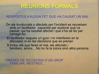 REUNIONS FORMALS
RESPOSTES A ALGUN FET QUE HA CAUSAT UN MAL

On els involucrats o afectats per l’incident es reuneixen
  amb un facilitador capacitat per explorar què va
  passar, qui ha resultat afectat i què s’ha de fer per
  corregir-ho
El facilitador segueix un guió i no interfereix en la
  discussió ni en les decisions que es prenen
S’inclou els que feren el mal, els afectats i
  familiars, amics... No ho fa la tutora sinó altra persona


PRESES DE DECISIONS D’UN GRUP
  FAMILIAR, MESTRES....
 
