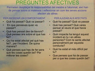 PREGUNTES AFECTIVES
   Permeten desplaçar la responsabilitat del mestre a l’alumnat, així han
    de pensar sobre si mateixos i reflexionar en com les seves accions
                            afecten als altres
PER ABORDAR UN COMPORTAMENT                PER AJUDAR ALS AFECTATS
• Què ha passat? Què va passar?        • Què ha passat? Què va passar?
• En que pensaves quan va              • Què has pensat? Què vares
  passar?                                pensar al veure el que havia
• Què has pensat des de llavors?         passat?
  Què penses ara sobre el que has      • Quin impacte ha tengut aquest
  fet?                                   incident en tu i en altres
• Qui ha estat afectat pel què has       persones? Com te sents afectat
  fet?...per l’incident. De quina        personalment per aquesta
  manera?                                conducta?
• Què penses que has de fer pera       • Què ha estat el més difícil per
  què les coses quedin bé? Per           tu?
  millorar les coses?                  • Que penses que ha de passar
                                         per a que les coses quedin bé?
 
