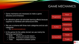 GAME MECHANICS
• Game mechanics are necessary to make a game
attractive and immersive
• An attractive game will stimulate learning effects because
cognition is interfered with behavioural skills
• We use a scheme with three main categories and six sub-
categories
• See: http://www.transreality.com/
• In the games for the safety domain we use mainly the
following mechanisms:
• Battle Players and counter players
• Queeste A survey to complex solutions
• Trade Negotiations between parties
Progression
Track
Queeste
Action
Adventure
Battle
Composition
Trade
Puzzle
 