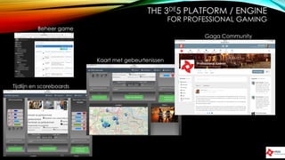 THE 3DE5 PLATFORM / ENGINE
FOR PROFESSIONAL GAMING
Beheer game
Tijdlijn en scoreboards
Kaart met gebeurtenissen
Gaga Community
 