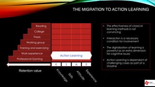THE MIGRATION TO ACTION LEARNING
Professional Gaming
Work experience
Training and exercising
Working group
Thesis
College
Reading
Retention value
K S A E
Action Learning
• The effectiveness of classical
learning methods is not
convincing
• Interaction is a necessary
condition for involvement
• The digitalization of learning is
powerful as an extra dimension
for cognitive issues
• Action Learning is dependant of
challenging cases as part of a
storyline
 