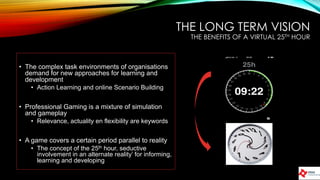 THE LONG TERM VISION
THE BENEFITS OF A VIRTUAL 25TH HOUR
• The complex task environments of organisations
demand for new approaches for learning and
development
• Action Learning and online Scenario Building
• Professional Gaming is a mixture of simulation
and gameplay
• Relevance, actuality en flexibility are keywords
• A game covers a certain period parallel to reality
• The concept of the 25th hour, seductive
involvement in an alternate reality’ for informing,
learning and developing
 