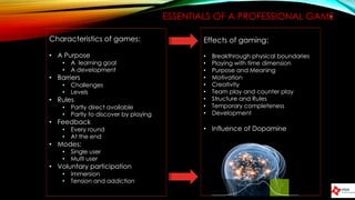 ESSENTIALS OF A PROFESSIONAL GAME6
Characteristics of games:
• A Purpose
• A learning goal
• A development
• Barriers
• Challenges
• Levels
• Rules
• Partly direct available
• Partly to discover by playing
• Feedback
• Every round
• At the end
• Modes:
• Single user
• Multi user
• Voluntary participation
• Immersion
• Tension and addiction
Effects of gaming:
• Breakthrough physical boundaries
• Playing with time dimension
• Purpose and Meaning
• Motivation
• Creativity
• Team play and counter play
• Structure and Rules
• Temporary completeness
• Development
• Influence of Dopamine
 