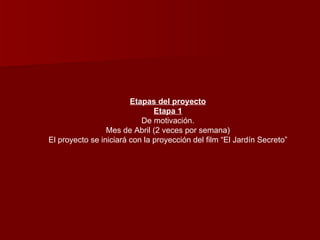 Etapas del proyecto Etapa 1 De motivación. Mes de Abril (2 veces por semana) El proyecto se iniciará con la proyección del film “El Jardín Secreto” 