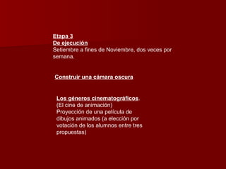 Etapa 3 De ejecución Setiembre a fines de Noviembre, dos veces por semana. Construir una cámara oscura Los géneros cinematográficos . (El cine de animación) Proyección de una película de dibujos animados (a elección por votación de los alumnos entre tres propuestas) 