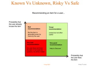 Known Vs Unknown, Risky Vs Safe
                          Recommending an item for a user...



Probability that
the user already
knows the item      Bad                            Trivial
                    recommendation                 recommendation

                    But the item is                correct but not often
                    generally known by             useful
                    name by the user



                   Very bad                         Very good
                   recommendation                   recommendation

                   the user does not know           Help to Discover
                   the item: if he trusts the
                   systems, he will be misled

                                                                           Probability that
                                                                           the user likes
                                                                           the item

                                           Orange R&D                               Orange FT-group
 