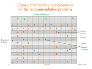 Classic mathematic representation
                   of the recommendation problem
                                thousands of users

                  u1   u2                    ul                          un

             i1   4         2   ?            5           ?       2   ?   1
             i2   4    5    4         5      5           4   1   5       4
                                                                                  known
                  4    3        1                            1                    ratings
                  2                                                  1            of
                                                                                  interest
thousands    ik   3    ?              4      ?                           5
of items
                  ?         2                                                     ratings
                                                                                  of
                  1    4                                     5                    interest
                                                                                  to predict
                       ?        ?                                    ?
                  4    5              4                      4
                  3    ?
             im   5    ?        2                                    4
       p27                                  Orange R&D                        Orange FT-group
 