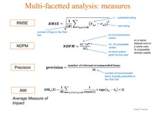 Multi-facetted analysis: measures
                                                                  predicted rating

  RMSE
                                                                  real rating

             number of logs in the Test
             Set                                          nb of contradictory
                                                          orders
                                                                                on a same
                                                          nb of compatible      dataset and on
  NDPM                                                    orders                a same user,
                                                                                % compatible
                                                          nb strict orders      directly usable
                                                          given by the user




 Precision
                                                       number of recommeded
                                                       items actually evaluable in
                                                       the Test Set



   AMI

Average Measure of
Impact
                                          Orange R&D                            Orange FT-group
 