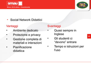 Milano, 20-22 ottobre - Fieramilanocity
23
• Social Network Didattici
Vantaggi
• Ambiente dedicato
• Protezione e privacy
...