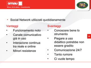 Milano, 20-22 ottobre - Fieramilanocity
26
• Social Network utilizzati quotidianamente
Vantaggi
• Funzionamento noto
• Can...