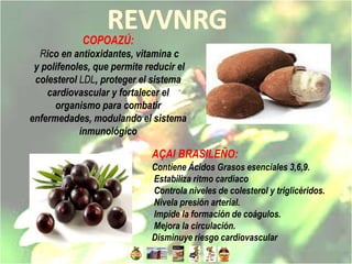 COPOAZÚ:
  Rico en antioxidantes, vitamina c
 y polifenoles, que permite reducir el
 colesterol LDL, proteger el sistema
    cardiovascular y fortalecer el
      organismo para combatir
enfermedades, modulando el sistema
            inmunológico

                             AÇAI BRASILEÑO:
                             Contiene Ácidos Grasos esenciales 3,6,9.
                             Estabiliza ritmo cardiaco
                             Controla niveles de colesterol y triglicéridos.
                             Nivela presión arterial.
                             Impide la formación de coágulos.
                             Mejora la circulación.
                             Disminuye riesgo cardiovascular
 