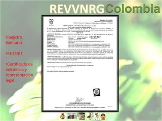 Colombia

•Registro
Sanitario

•RUT/NIT

•Certificado de
existencia y
representación
legal
 
