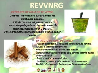 EXTRACTO DE HOJA DE TE VERDE:
    Contiene antioxidantes que estabilizan las
               membranas celulares.
       Actividad anticancerígena reconocida.
   menor riesgo de padecer cáncer de mama, de
       estómago, esófago, colon y próstata.
Posee propiedades termogénicas que ayudan a bajar
                      de peso.

                           EXTRACTO DE RAMA DE CANELA:
                            Función cicatrizante. Aceleran la curación de las heridas.
                           Ayudan a tratar las hemorroides.
                           Reducen la inflamación de las aftas bucales.
                           Tienen una función astringente, esto permite tratar la diarrea
                           de forma natural.
                            Frena la acción de los radicales
                            Previene el cáncer y enfermedades cardiovasculares.
                           También efectos contra la Diabetes e Hipercolesterolemia
 