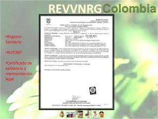Colombia

•Registro
Sanitario

•RUT/NIT

•Certificado de
existencia y
representación
legal
 