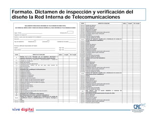 Formato. Dictamen de inspección y verificación del
diseño la Red Interna de Telecomunicaciones
 
