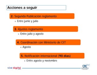 Acciones a seguir
2. Segunda Publicación reglamento
 Entre junio y julio
3. Ajustes reglamento
 Entre julio y agosto
 Agosto
4. Coordinación con Ministerio de CIT
 Entre agosto y noviembre
5. Notificación internacional (90 días)
 