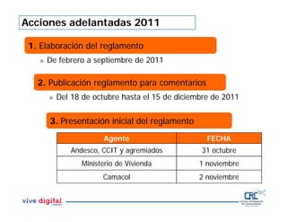 Acciones adelantadas 2011
3. Presentación inicial del reglamento
2. Publicación reglamento para comentarios
 Del 18 de octubre hasta el 15 de diciembre de 2011
Agente FECHA
Andesco, CCIT y agremiados 31 octubre
Ministerio de Vivienda 1 noviembre
Camacol 2 noviembre
1. Elaboración del reglamento
 De febrero a septiembre de 2011
 