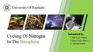 Cycling Of Nitrogen
In The Biosphere
University Of Rajshahi
Submitted by
1.Md Yesir Arafat
2.Saon Priya Shova
3. Aminul Islam
 