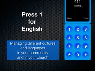 411
                                     Dialing…



      Press 1                 Menu          Options

        for
      English                 1        2        3

                              4        5        6
Managing different cultures
                              7        8        9
     and languages
   in your community
                              *        0        #
   and in your church
 