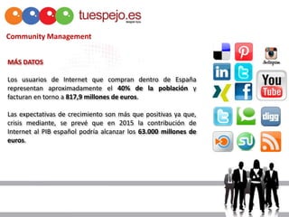 Community Management


MÁS DATOS

Los usuarios de Internet que compran dentro de España
representan aproximadamente el 40% de la población y
facturan en torno a 817,9 millones de euros.

Las expectativas de crecimiento son más que positivas ya que,
crisis mediante, se prevé que en 2015 la contribución de
Internet al PIB español podría alcanzar los 63.000 millones de
euros.
 