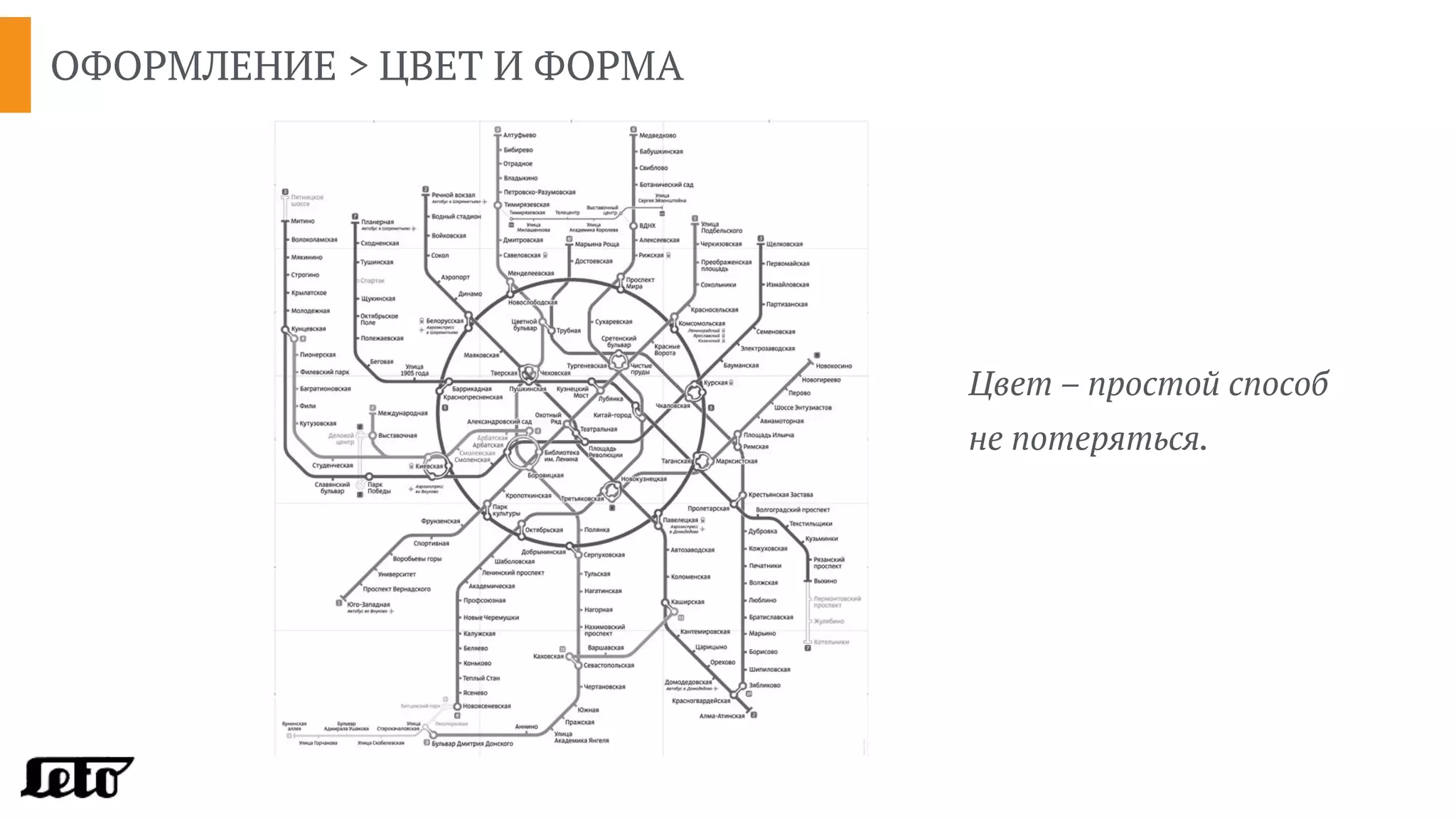 ОФОРМЛЕНИЕ > ЦВЕТ И ФОРМА
Цвет – простой способ  
не потеряться.
 