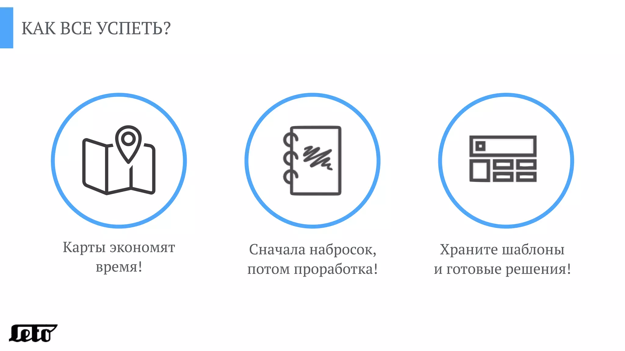 КАК ВСЕ УСПЕТЬ?
Карты экономят
время!
Сначала набросок,
потом проработка!
Храните шаблоны  
и готовые решения!
 