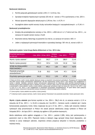 Wojciech Kaczorowski, Departament Public Relations, ul. Stanisława Żaryna 2a, 02-593 Warszawa
tel.: 22 598 10 70, e-mail: wojciech.kaczorowski@bankmillennium.pl
Bankowość detaliczna
• Portfel pożyczek gotówkowych wzrósł o 25% r/r i 4,3% kw./kw.
• Sprzedaż kredytów hipotecznych wyniosła 325 mln zł – wzrost o 17% w porównaniu z I kw. 2013 r.
• Wzrost dynamiki depozytów detalicznych o 2,9% kw./kw. i o 9,7% r/r
• Szczególnie dobre wyniki wzrostu liczby rachunków bieżących i oszczędnościowych - o 17,4% r/r
Bankowość przedsiębiorstw
• Kredyty dla przedsiębiorstw wzrosły w I kw. 2014 r. o 852 mln zł i o 1,7 mld zł od I kw. 2013 r., co
oznacza ich wysoki wzrost roczny o 16,6%
• Kwartalne obroty faktoringu na poziomie 2,6 mld zł, co oznacza ich wzrost o 42% r/r
• Jeden z najlepszych pierwszych kwartałów w sprzedaży leasingu: 501 mln zł, wzrost o 62% r/r
Rachunek zysków i strat Grupy Banku Millennium w I kw. 2014 roku
Przychód operacyjny
(w mln zł)
I kw. 2014 IV kw. 2013
Zmiana
kw./kw.
I kw. 2013
Zmiana
r/r
Wynik z tytułu odsetek * 356,5 345,7 3,1% 288,9 23,4%
Wynik z tytułu prowizji 155,5 147,4 5,5% 141,8 9,6%
WYNIK NA DZIAŁALNOŚCI
PODSTAWOWEJ**
512,0 493,1 3,8% 430,7 18,9%
Pozostałe przychody
pozaodsetkowe ***
31,8 30,2 5,4% 47,1 -32,4%
Przychody operacyjne ogółem 543,9 523,3 3,9% 477,8 13,8%
(*) Dane pro-forma: wynik z tytułu odsetek obejmuje marżę na wszystkich instrumentach pochodnych. Począwszy od 1 stycznia 2006
roku Bank stosuje zasady rachunkowości zabezpieczeń. Od dnia wspomnianej zmiany marża z tych operacji jest uwzględniana w
wyniku z odsetek. Jednakże, ponieważ zmiany rachunkowości zabezpieczeń nie obejmują całości portfela denominowanego w
walutach obcych Bank przedstawia dane w układzie pro-forma, w którym całość marży na instrumentach pochodnych jest ujmowana
w przychodach z tytułu odsetek i wyniku z tytułu odsetek, podczas gdy rachunkowo część tej marży (22,1 mln zł w I kw. 2013 r. oraz
1,2 mln zł w I kw. 2014 r.) jest uwzględniona w pozostałych przychodach pozaodsetkowych. W opinii Banku takie podejście
umożliwia lepsze zrozumienie rzeczywistej ewolucji tej pozycji z ekonomicznego punktu widzenia.
(**) Suma wyniku z tytułu odsetek oraz wyniku z tytułu prowizji.
(***) obejmuje wynik z pozycji wymiany, wynik z tytułu operacji finansowych oraz pozostałe przychody i koszty operacyjne netto.
Wynik z tytułu odsetek (pro-forma) wyniósł w I kw. 2014 r. 356,5 mln zł, co oznacza wzrost o 3,1% w
stosunku do IV kw. 2013 r. i o 23,4% w stosunku do I kw.2013 r. Zarówno wynik z odsetek jak i marża
kontynuowały pozytywny trend, który rozpoczął się już w II kw. 2013 r., kiedy cykl znacznej redukcji
rynkowych stóp procentowych w Polsce nie został jeszcze zakończony (stopy rynkowe w Polsce od
listopada 2012 r. do lipca 2013 r. obniżyły się ogółem o 225 punktów bazowych).
Marża odsetkowa netto ogółem osiągnęła w I kw. 2014 r. poziom 2,58%, który jest porównywalny z
poziomem marż w roku 2012. Poprawie marży w dalszym ciągu sprzyjał niższy koszt depozytów, ale
również w coraz większym zakresie, stopniowa zmiana proporcji aktywów w kierunku produktów o
wyższej marży.
 