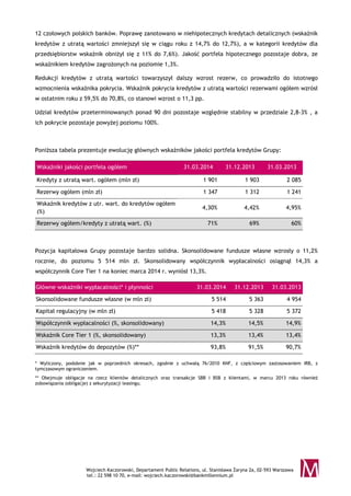 Wojciech Kaczorowski, Departament Public Relations, ul. Stanisława Żaryna 2a, 02-593 Warszawa
tel.: 22 598 10 70, e-mail: wojciech.kaczorowski@bankmillennium.pl
12 czołowych polskich banków. Poprawę zanotowano w niehipotecznych kredytach detalicznych (wskaźnik
kredytów z utratą wartości zmniejszył się w ciągu roku z 14,7% do 12,7%), a w kategorii kredytów dla
przedsiębiorstw wskaźnik obniżył się z 11% do 7,6%). Jakość portfela hipotecznego pozostaje dobra, ze
wskaźnikiem kredytów zagrożonych na poziomie 1,3%.
Redukcji kredytów z utratą wartości towarzyszył dalszy wzrost rezerw, co prowadziło do istotnego
wzmocnienia wskaźnika pokrycia. Wskaźnik pokrycia kredytów z utratą wartości rezerwami ogółem wzrósł
w ostatnim roku z 59,5% do 70,8%, co stanowi wzrost o 11,3 pp.
Udział kredytów przeterminowanych ponad 90 dni pozostaje względnie stabilny w przedziale 2,8-3% , a
ich pokrycie pozostaje powyżej poziomu 100%.
Poniższa tabela prezentuje ewolucję głównych wskaźników jakości portfela kredytów Grupy:
Wskaźniki jakości portfela ogółem 31.03.2014 31.12.2013 31.03.2013
Kredyty z utratą wart. ogółem (mln zł) 1 901 1 903 2 085
Rezerwy ogółem (mln zł) 1 347 1 312 1 241
Wskaźnik kredytów z utr. wart. do kredytów ogółem
(%)
4,30% 4,42% 4,95%
Rezerwy ogółem/kredyty z utratą wart. (%) 71% 69% 60%
Pozycja kapitałowa Grupy pozostaje bardzo solidna. Skonsolidowane fundusze własne wzrosły o 11,2%
rocznie, do poziomu 5 514 mln zł. Skonsolidowany współczynnik wypłacalności osiągnął 14,3% a
współczynnik Core Tier 1 na koniec marca 2014 r. wyniósł 13,3%.
Główne wskaźniki wypłacalności* i płynności 31.03.2014 31.12.2013 31.03.2013
Skonsolidowane fundusze własne (w mln zł) 5 514 5 363 4 954
Kapitał regulacyjny (w mln zł) 5 418 5 328 5 372
Współczynnik wypłacalności (%, skonsolidowany) 14,3% 14,5% 14,9%
Wskaźnik Core Tier 1 (%, skonsolidowany) 13,3% 13,4% 13,4%
Wskaźnik kredytów do depozytów (%)** 93,8% 91,5% 90,7%
* Wyliczony, podobnie jak w poprzednich okresach, zgodnie z uchwałą 76/2010 KNF, z częściowym zastosowaniem IRB, z
tymczasowym ograniczeniem.
** Obejmuje obligacje na rzecz klientów detalicznych oraz transakcje SBB i BSB z klientami, w marcu 2013 roku również
zobowiązania (obligacje) z sekurytyzacji leasingu.
 