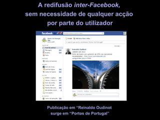A redifusão inter-Facebook,
sem necessidade de qualquer acção
      por parte do utilizador




      Publicação em “Reinaldo Oudinot
       surge em “Portos de Portugal”
 