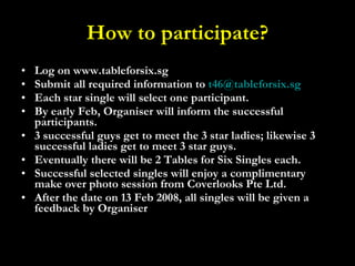 How to participate? Log on www.tableforsix.sg  Submit all required information to  [email_address]   Each star single will select one participant.  By early Feb, Organiser will inform the successful participants. 3 successful guys get to meet the 3 star ladies; likewise 3 successful ladies get to meet 3 star guys.  Eventually there will be 2 Tables for Six Singles each.  Successful selected singles will enjoy a complimentary make over photo session from Coverlooks Pte Ltd.  After the date on 13 Feb 2008, all singles will be given a feedback by Organiser  