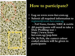 How to participate? Log on www.wow-her.com.sg  Submit all required information to  [email_address]   Full Name, Gender, NRIC & mobile  All participants will need to take a Date Profiling test – http://www.wow-her.com.sg/pop.htm On 26 Feb, the correct colour coded stickers will be given to participants 