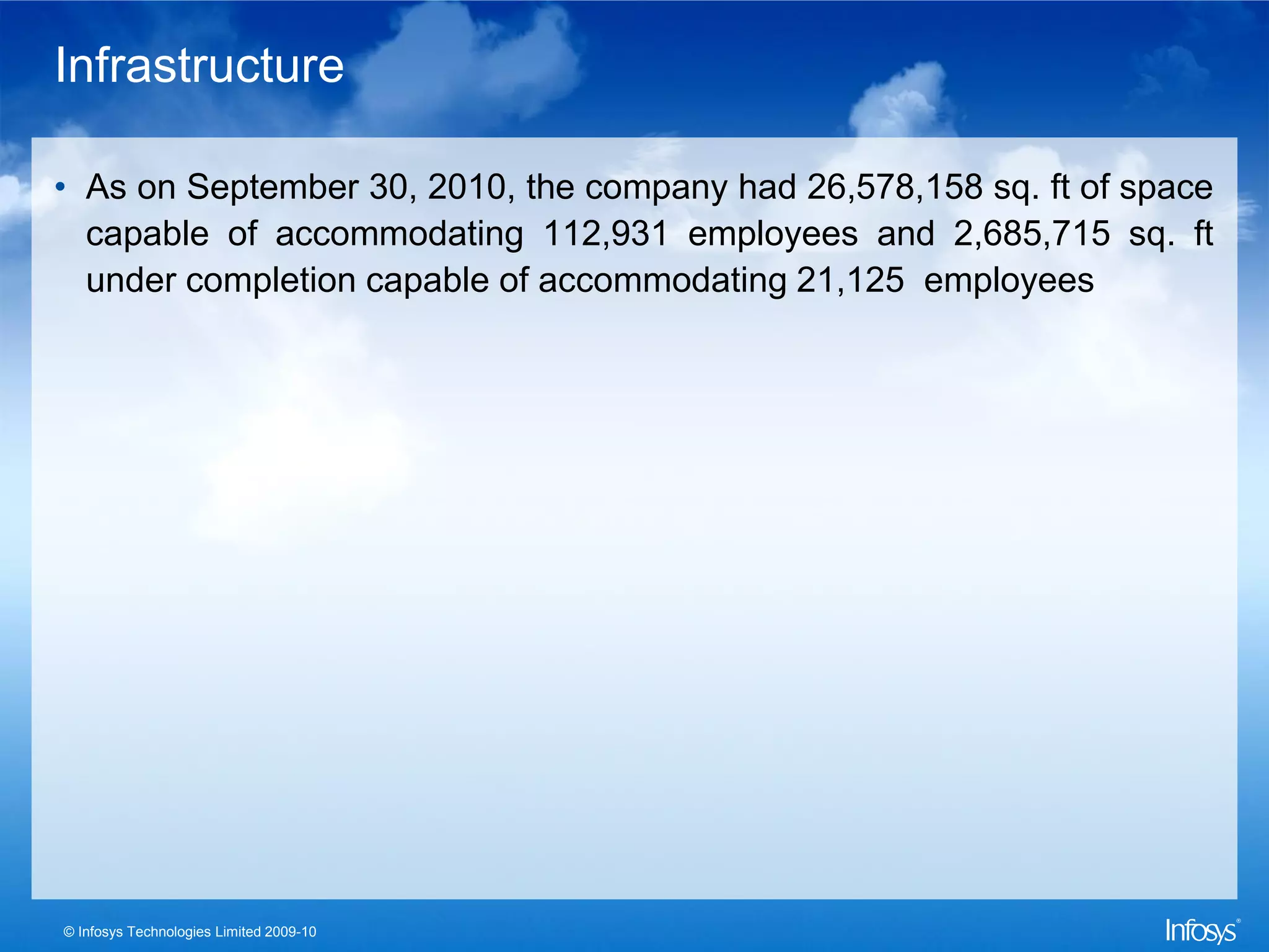 Infrastructure

• As on September 30, 2010, the company had 26,578,158 sq. ft of space
  capable of accommodating 112,931 employees and 2,685,715 sq. ft
  under completion capable of accommodating 21,125 employees




© Infosys Technologies Limited 2009-10
 