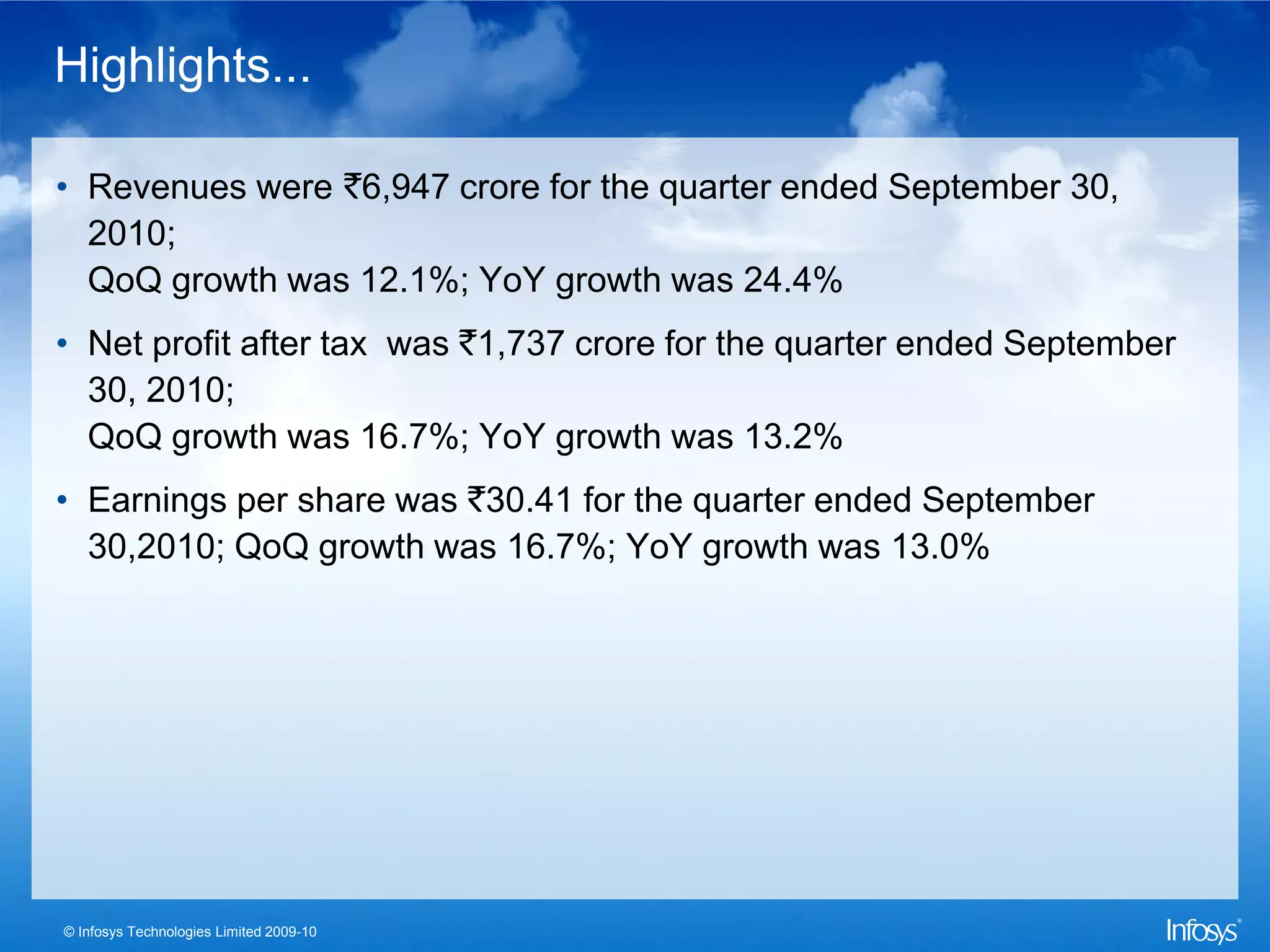 Highlights...

• Revenues were `6,947 crore for the quarter ended September 30,
  2010;
  QoQ growth was 12.1%; YoY growth was 24.4%
• Net profit after tax was `1,737 crore for the quarter ended September
  30, 2010;
  QoQ growth was 16.7%; YoY growth was 13.2%
• Earnings per share was `30.41 for the quarter ended September
  30,2010; QoQ growth was 16.7%; YoY growth was 13.0%




© Infosys Technologies Limited 2009-10
 