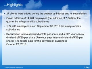 ...Highlights

• 27 clients were added during the quarter by Infosys and its subsidiaries
• Gross addition of 14,264 employees (net addition of 7,646) for the
  quarter by Infosys and its subsidiaries
• 1,22,468 employees as on September 30, 2010 for Infosys and its
  subsidiaries
• Declared an interim dividend of `10 per share and a 30th year special
  dividend of `30 per share (Previous year interim dividend of `10 per
  share). The record date for the payment of dividend is
  October 22, 2010.




© Infosys Technologies Limited 2009-10
 