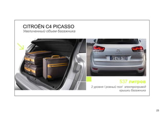 23
CITROЁN C4 PICASSO
Увеличенный объем багажника
537 литров
2 уровня / ровный пол/ электропривод
крышки багажника
 